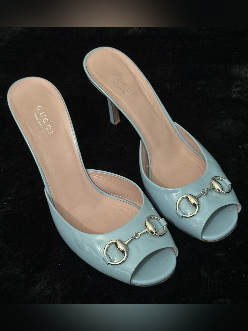 Gucci Baby Blue Patent Leather Horsebit Open-Toe Mules 38